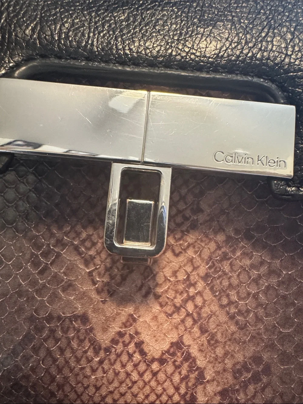 Calvin Klein Black and Brown Snake-Embossed Satchel with Silver-Tone Hardware